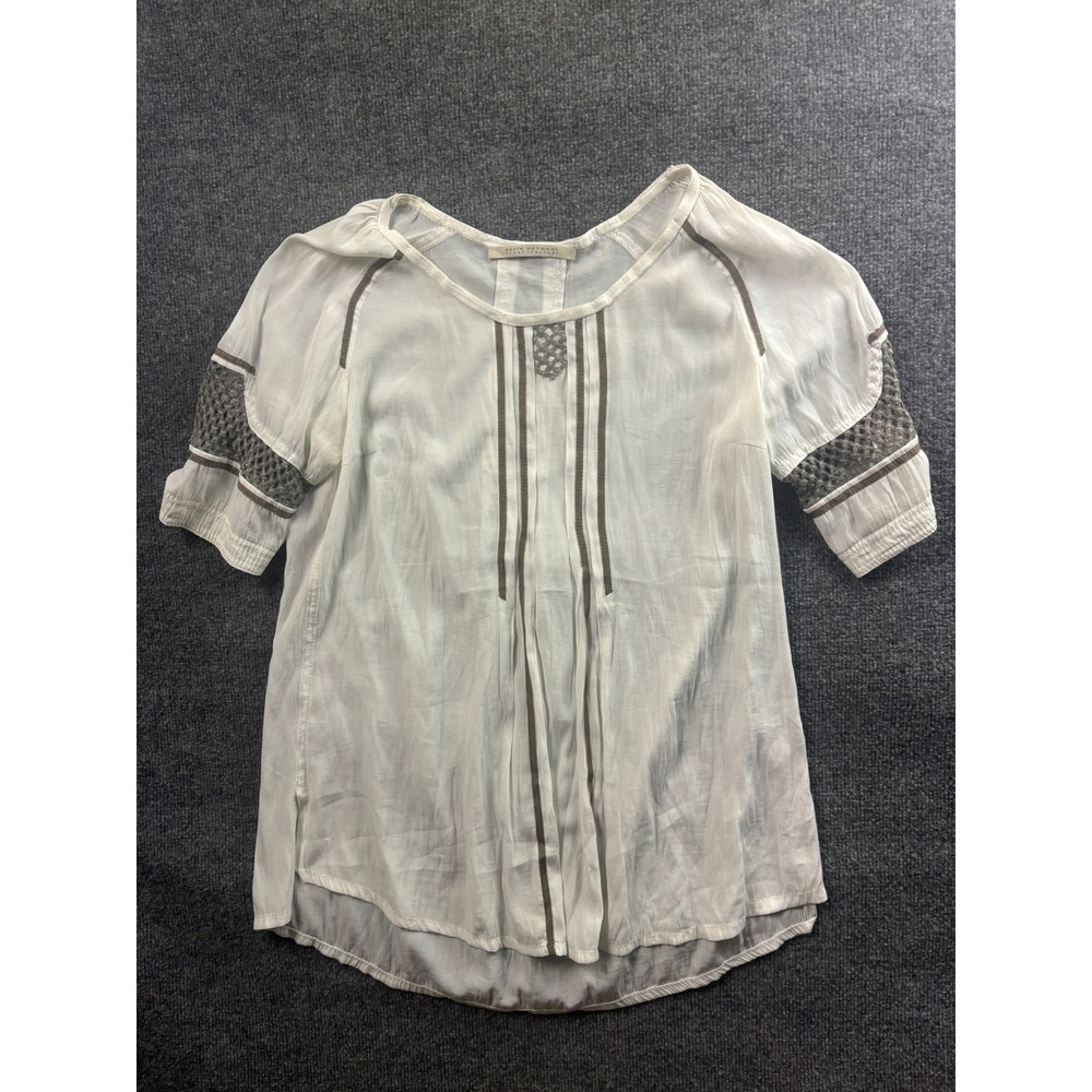 Beate Heymann Blouse Womens M White Grey Crochet Trim Short Sleeve Polish Top